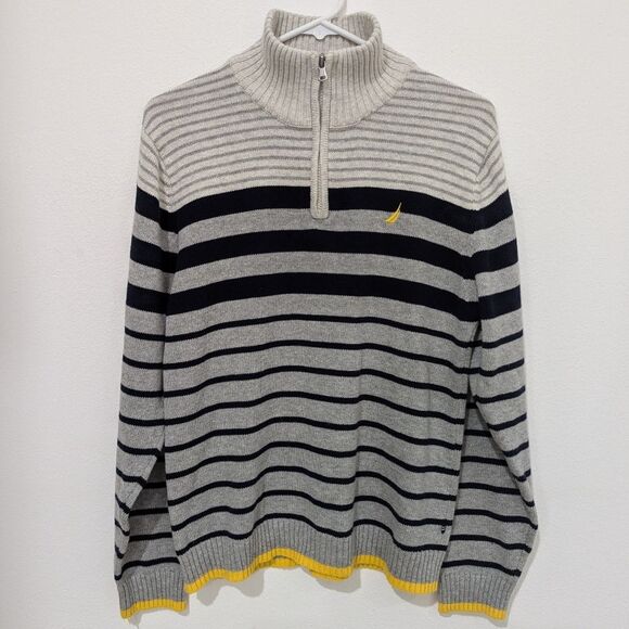 Nautica Grey Blue Yellow Striped 100% Cotton Turtleneck 1/4 Zip Sweater Large - Picture 1 of 5